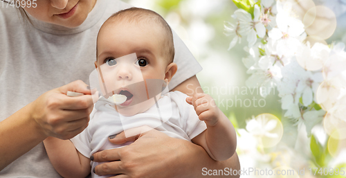 Image of close up of mother with spoon feeding little baby