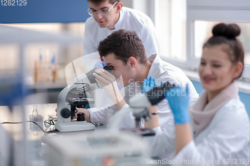 Image of Group of young medical students doing research