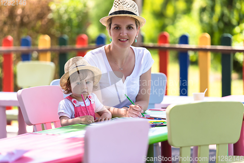 Image of mom and little daughter drawing a colorful pictures