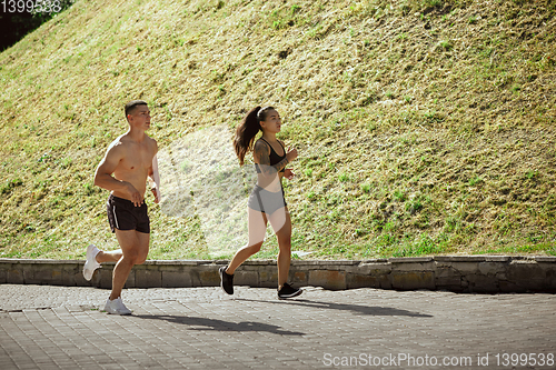 Image of A muscular athletes doing workout on the city\'s street or park