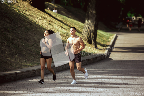 Image of A muscular athletes doing workout on the city\'s street or park