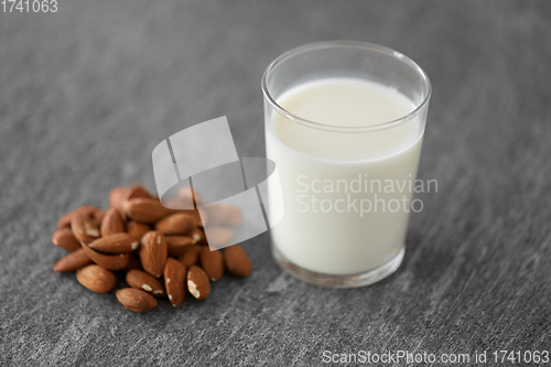 Image of glass of lactose free milk and almonds on table