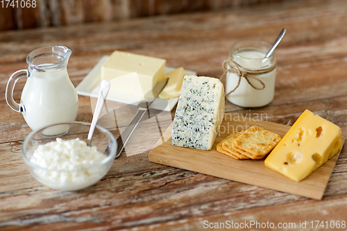 Image of cottage cheese, crackers, milk, yogurt and butter