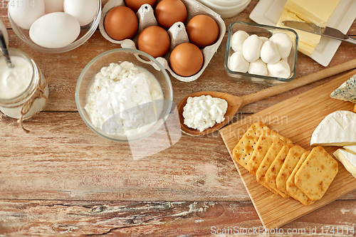 Image of cottage cheese, crackers, eggs, yogurt and butter