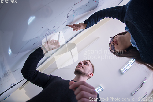 Image of students writing on the white chalkboard