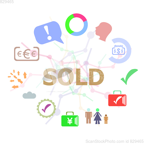 Image of Text Sold. Business concept . Set of line icons and word typography on background