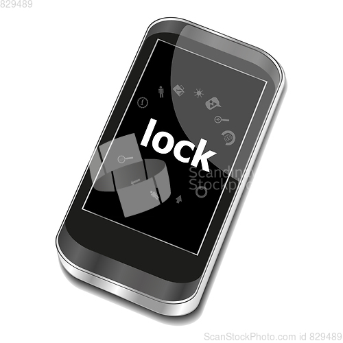 Image of Text Lock. Security concept . Smartphone with web application icon on screen . Isolated on white