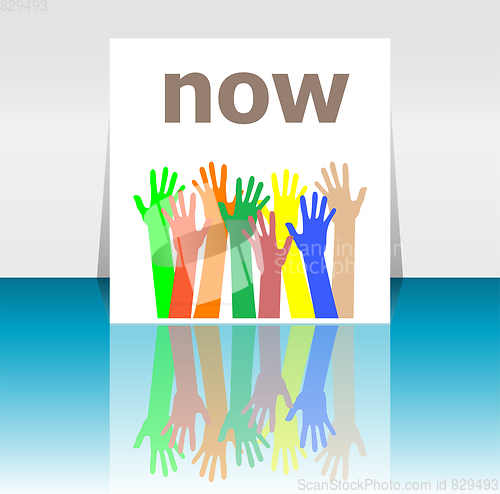 Image of Text Now. Time concept . Human hands silhouettes