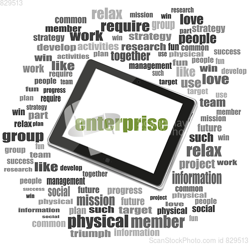 Image of Text enterprise. Business concept . Tablet Pc. Word cloud collage