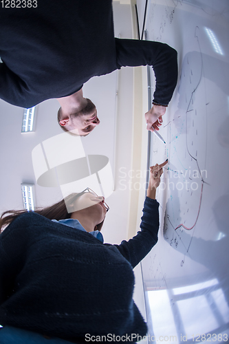 Image of students writing on the white chalkboard