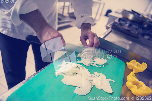 Image of Chef hands cutting fresh and delicious vegetables