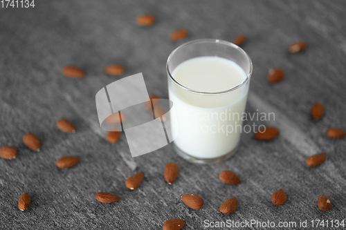 Image of glass of lactose free milk and almonds on table