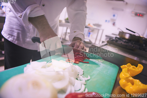 Image of Chef hands cutting fresh and delicious vegetables