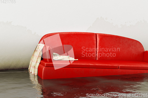 Image of water damage red sofa