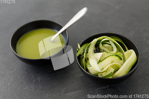 Image of peeled or sliced zucchini and cream soup in bowl