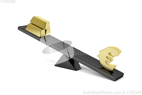 Image of Euro sign and gold bars on seesaw