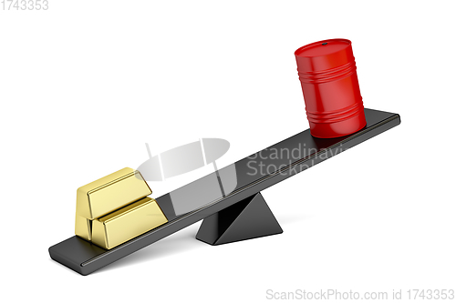 Image of Gold bars and oil drum on seesaw