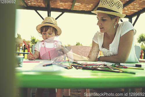 Image of mom and little daughter drawing a colorful pictures