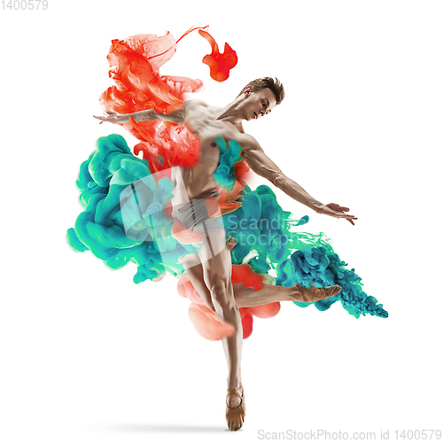 Image of Creative collage formed by color dissolving in water with ballet dancer