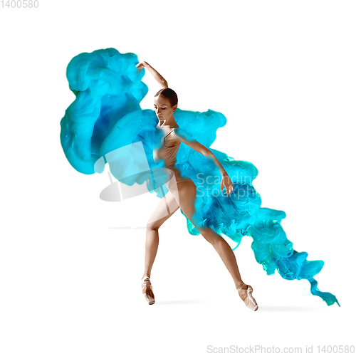 Image of Creative collage formed by color dissolving in water with ballet dancer