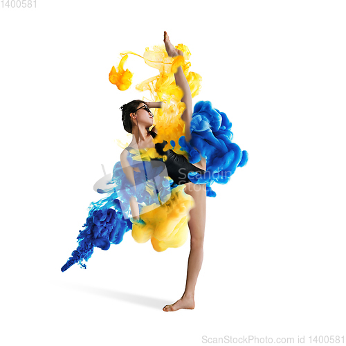 Image of Creative collage formed by color dissolving in water with ballet dancer