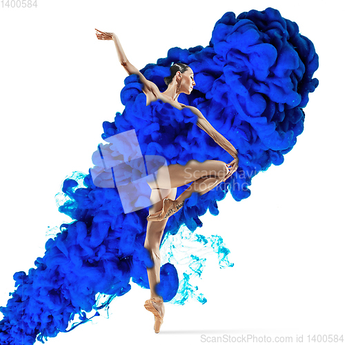 Image of Creative collage formed by color dissolving in water with ballet dancer