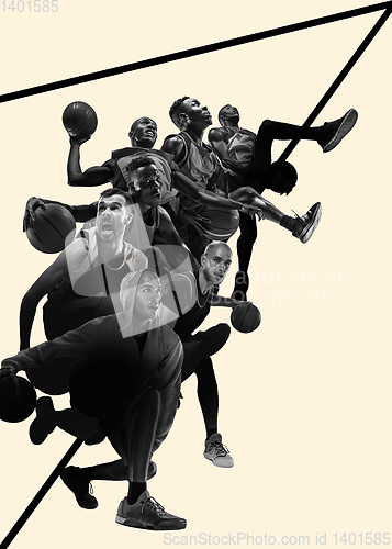 Image of Creative collage of a basketball players in action