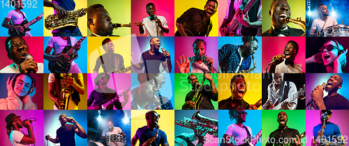 Image of Collage of young people in neon light on multicolored background