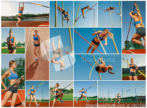 Image of Female high jumper training at the stadium in sunny day