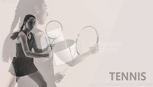 Image of Creative collage with young woman playing tennis isolated on studio background