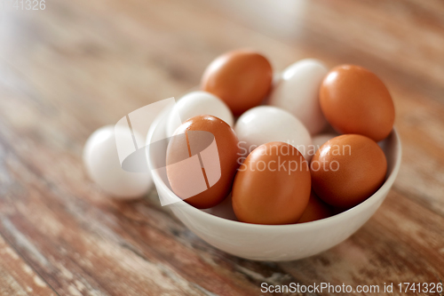 Image of close up of eggs in ceramic bowl on wooden table