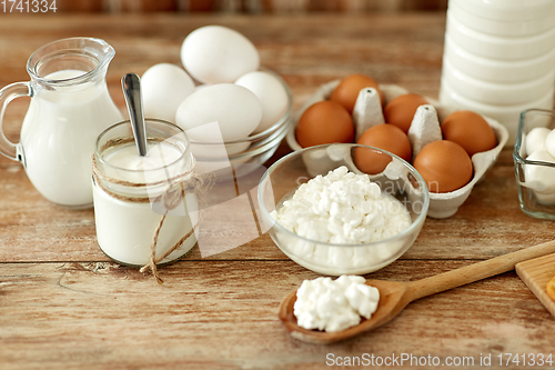 Image of cottage cheese, yogurt, milk and chicken eggs