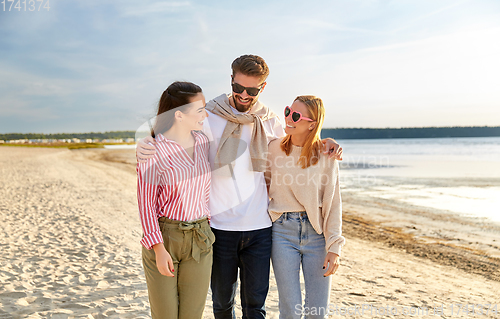 Image of happy friends walking along summer beach