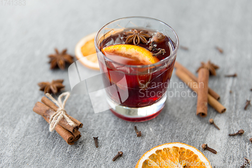 Image of hot mulled wine, orange slices, raisins and spices