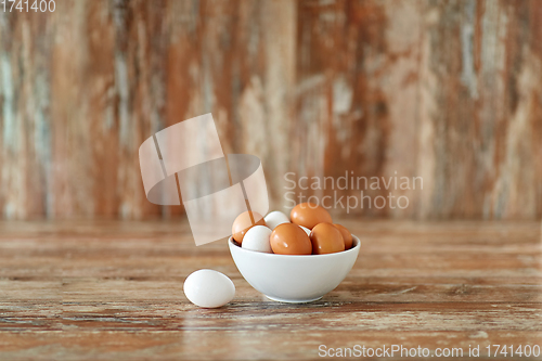 Image of close up of eggs in ceramic bowl on wooden table