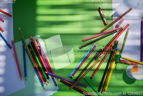 Image of top view of pencil crayons colorful drawing set