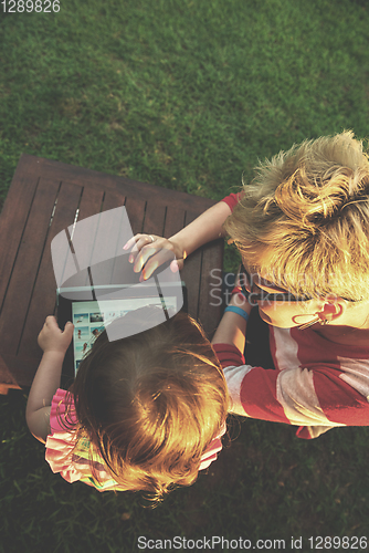 Image of mom and her little daughter using tablet computer