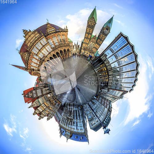 Image of Tiny planet with Skyline of Bremen main market square, Germany