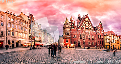 Image of Wroclaw Market Square with Town Hall during sunset evening, Poland, Europe