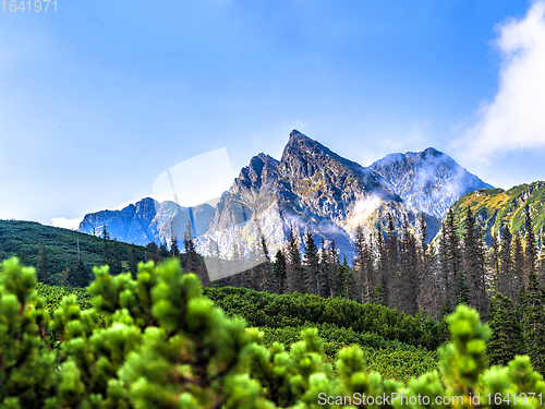 Image of Polish Tatra mountains summer landscape with blue sky and white clouds.