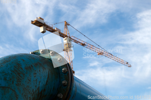 Image of Blue pipelines at construction site