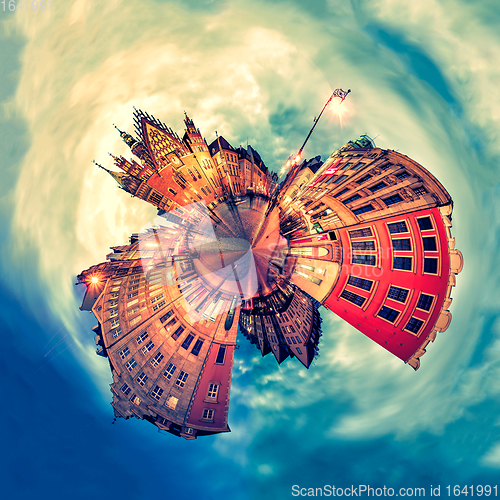 Image of Tiny planet of Wroclaw Market Square with Town Hall during sunset Poland, Europe