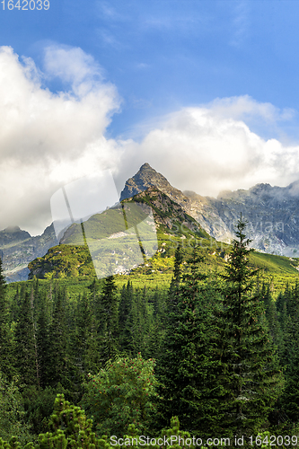 Image of Polish Tatra mountains summer landscape with blue sky and white clouds.