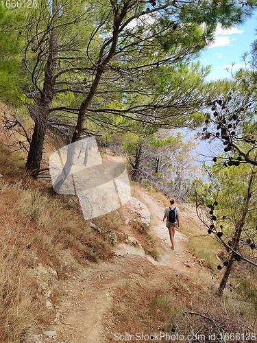 Image of Young active feamle tourist wearing small backpack walking on co