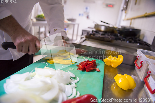 Image of Chef hands cutting fresh and delicious vegetables