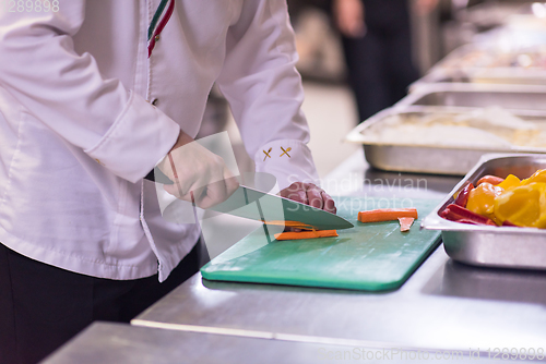 Image of Chef hands cutting fresh and delicious vegetables