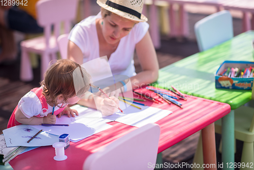 Image of mom and little daughter drawing a colorful pictures