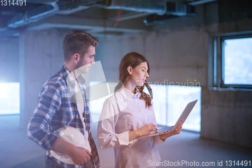 Image of business people in group, architect and engineer on construction