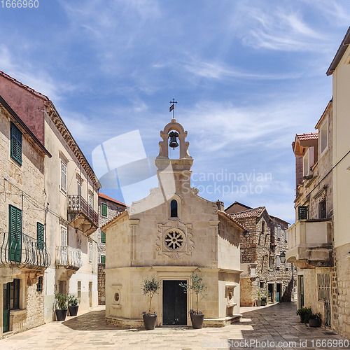 Image of Small church on square of small urban village of Stari grad on Hvar island in Croatia, Adriatic Sea, Europe.