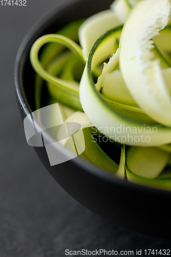 Image of peeled or sliced zucchini in ceramic bowl